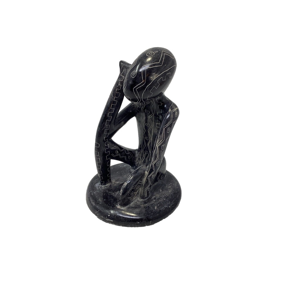 Vintage Carved Stone Thinking Man Art Carving Statue Tribal Black Grey